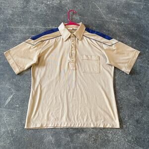 Vintage Mervyn's Polo Shirt Mens L Tan Blue 80s 1/2 Button Short Sleeve Preppy